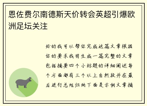 恩佐费尔南德斯天价转会英超引爆欧洲足坛关注 恩佐费尔南德斯天价转会英超引爆欧洲足坛关注